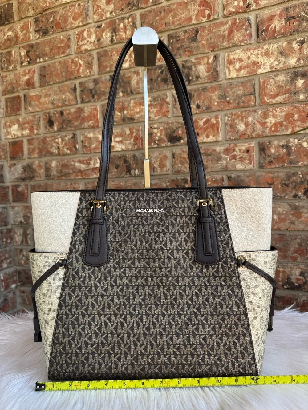 Michael Kors Women's Signature Logo Brown and Cream Tote Bag